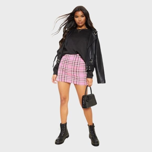 PrettyLittleThing • Dusty Pink Check Print Stretch Knit Mini Skirt  - Picture 1 of 7